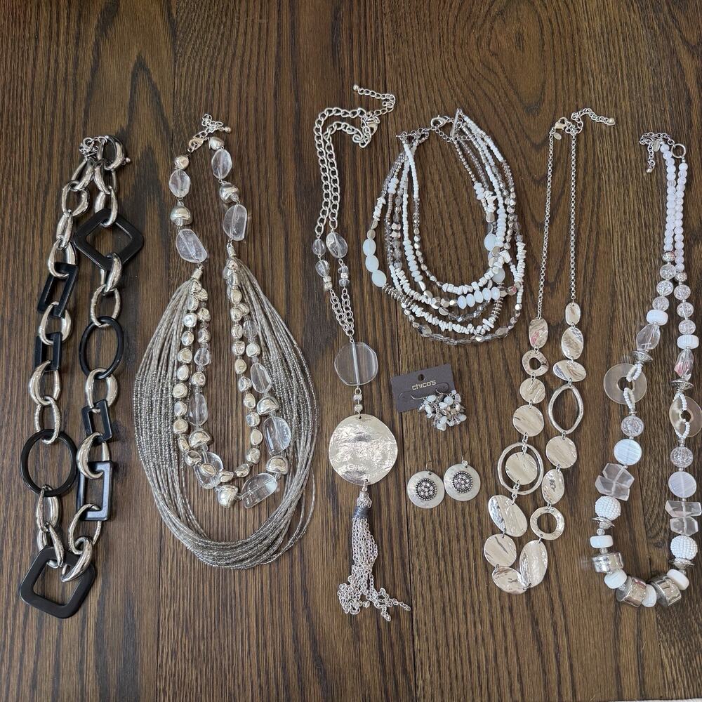 Chico’s Statement Necklace & Earring Lot of 8 Silver Black Beads Chain Runaway